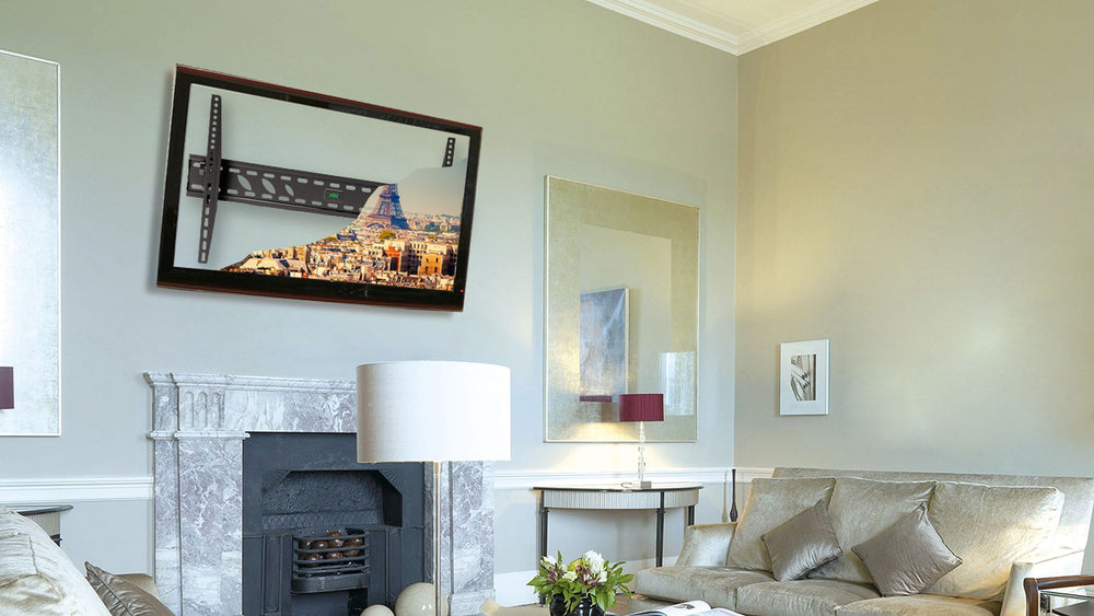 Add Vision AS0948T tilting landscape wall mount for TVs up to VESA 800x400, shown installed on a wall in a living room setting.