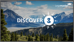Legamaster Discover 3 Menu Screen by Add Vision, professional digital display with sleek black frame and touchscreen interface.